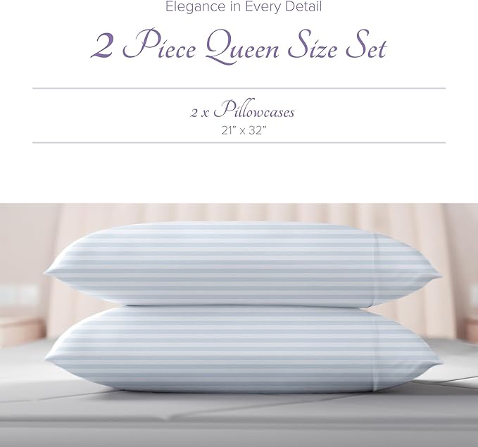 Carressa Linen 100% Egyptian Cotton Pillow Cases Queen Size Set of 2 - Luxury 600 Series Hydrangeas Collection Damask Standard/Queen Size Pillowcases (Light Blue Stripe), Soft, Cooling Hotel Quality