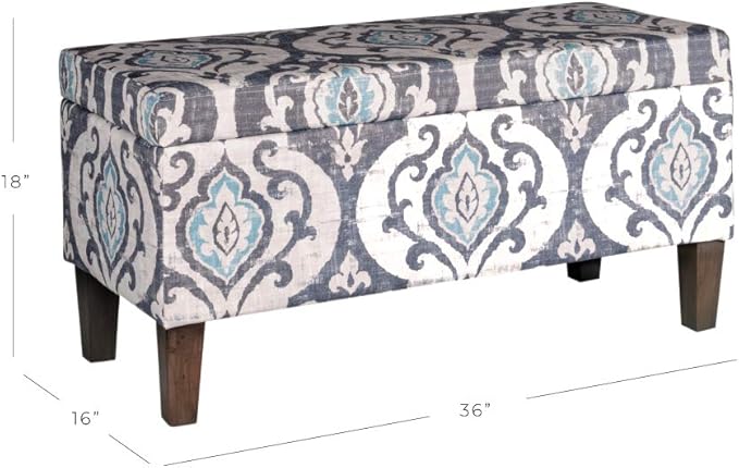 HomePop Large Upholstered Rectangular Storage Ottoman Bench with Hinged Lid, Slate Damask