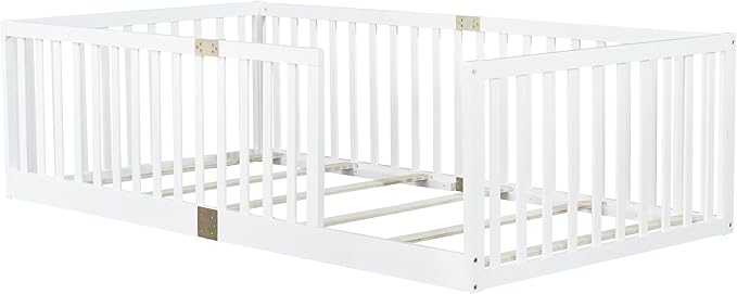 Bellemave Twin Size Montessori Floor Bed with 21.5" High Rails, Rubber Wood Twin Floor Bed with Slats, White
