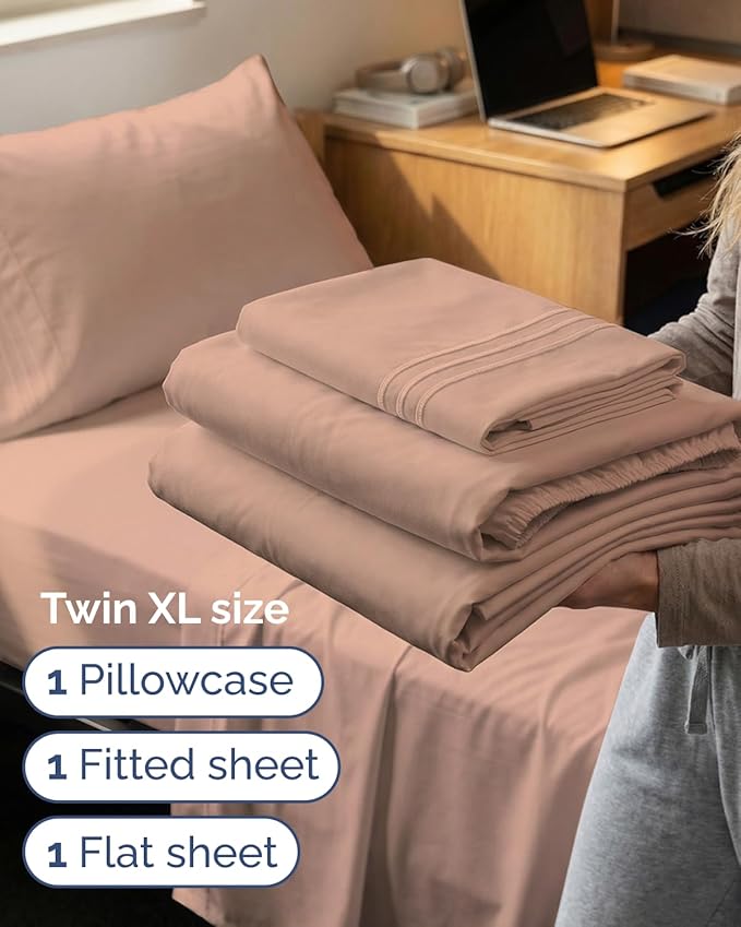 Twin XL Size 3 Piece Sheet Set - Comfy Breathable & Cooling Sheets - Hotel Luxury Bed Sheets for Women & Men - Deep Pockets, Easy-Fit, Extra Soft & Wrinkle Free Sheets - Mauve Oeko-Tex Bed Sheet Set