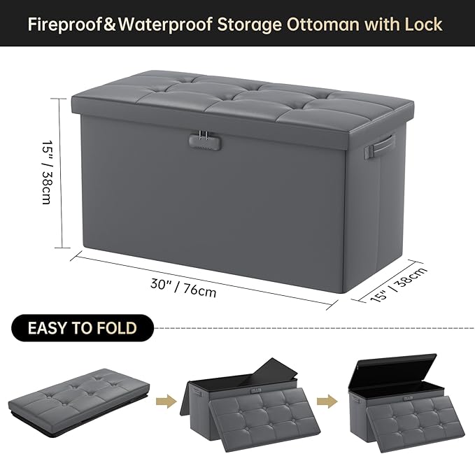 DocSafe Storage Ottoman Bench with Lock,Fireproof 30 Inches Folding Bench Foot Rest Stool Storage Chest Safe for Living Room,Bedroom,Home Office,Waterproof Leather Ottoman with Handles,Gray