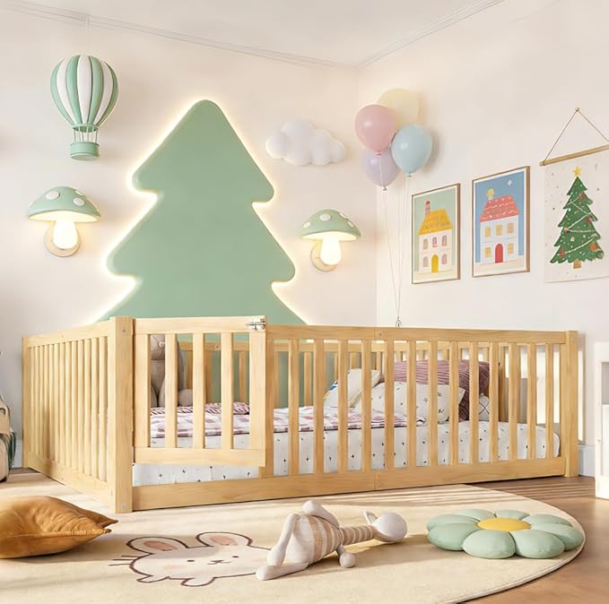 Bellemave Full Montessori Floor Bed with 23.5" High Rails, Pine,Plywood Full Floor Bed with Small Door, Natural