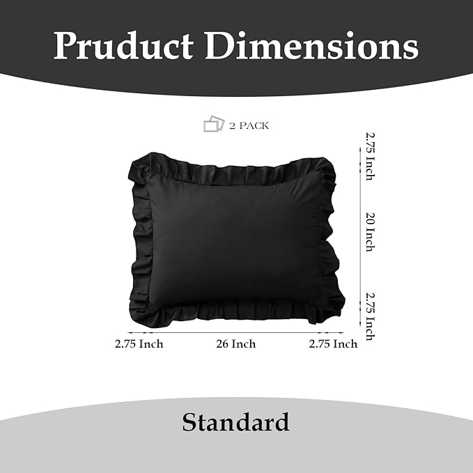 Ruffle Pillow Cases Standard Size Set of 2 –Soft Wrinkle Resistant Brushed Microfiber Ruffled Pillowcases –Envelope Pillow Shams Cover Festive Gift for Hotels,Guest Rooms 20x26 Inch (Black)