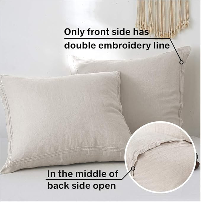 Simple&Opulence 100% French Linen Euro Shams with Embroidery (26'' x 26'') - Pack of 2 - Pre Washed Solid Color Natural Flax Soft Breathable - Linen