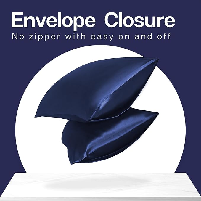 MR&HM Satin Pillowcase for Hair and Skin, Silk Satin Pillowcase 2 Pack, Queen Size Pillow Cases Set of 2, Silky Pillow Cover with Envelope Closure (20x30, Navy Blue)