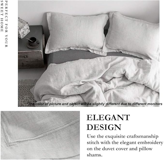 Simple&Opulence 100% Linen Duvet Cover Set with Embroidery Border Washed - 2 Pieces (1 Duvet Cover & 1 Pillow Sham) with Button Closure Soft Breathable Farmhouse - Light Grey, Twin Size