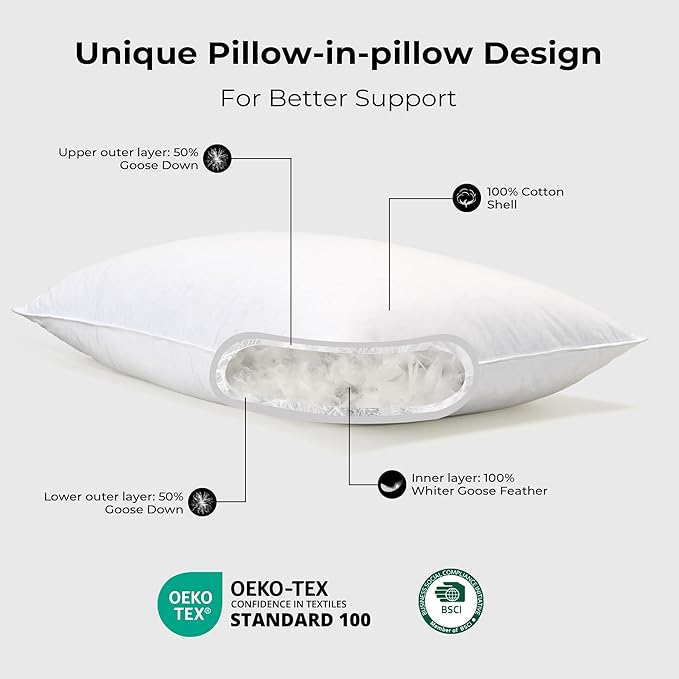 UNIKOME White Goose Down Feather Pillows - 100% Cotton Cover - Standard Size Pillow Set of 2, Made in Japan Pillow for Sleeping