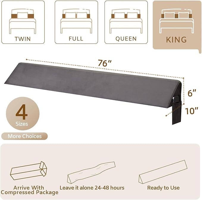 Bedluxe King Wedge Pillow Headboard (76"x10"x6"), Bed Wedge Pillow for Headboard, Foam Headboard Pillow, Bed Gap Filler King - Fill The Gap (0-7"), Mattress Gap Filler (Plush Grey, 76"x10"x6")