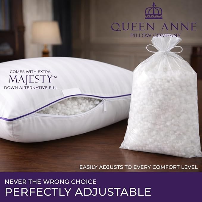 Queen Anne Hotel Pillows Queen Size Bed Pillow for Sleeping – Adjustable Luxury Down Alternative for Side & Back Sleepers, Soft Support, Cooling, Hypoallergenic, Made in USA