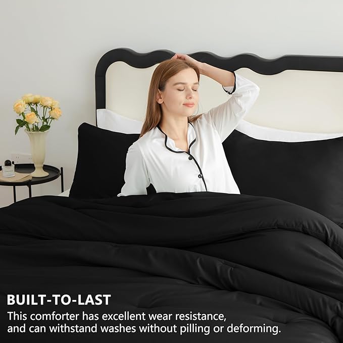 CozyLux Twin Comforter Black, 2 Pieces Twin Extra Long Comforter Set with Corner Tabs, Twin XL Breathable Bedding Sets for College Dorm, Luxury Bed Set with Down Alternative Comforter and 1 Pillowcase
