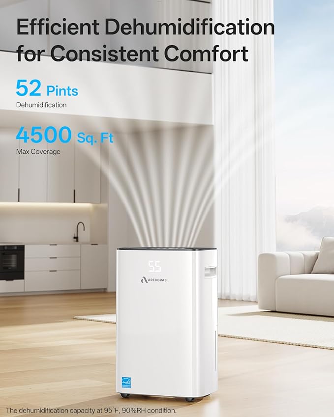 52 Pints Dehumidifier for Basement Bedroom Bathroom Large Room Home, 4500 Sq.Ft Dehumidifiers with Drain Hose, 2025 Energy Star Certificate, Humidity Control, 24H-Timer, Auto Defrost