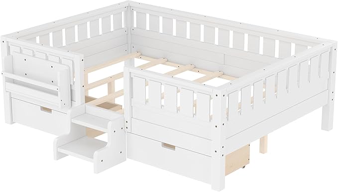 Bellemave Full Size Bed Frame with Storage Drawers & Bookshelf, Low Profile Kids Bed with Staircase & Full Length Guardrails, Solid Wood Full Size Bed Frame Kids with Slats Load 450 LBS, White