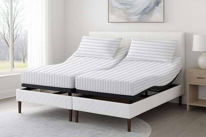5 Piece Split King Sheet Set, 100% Egyptian Cotton, 16 Inch Deep Pockets, White Stripe, Soft Cooling Sheets for Adjustable Beds, Sleep Number Beds, Split King Mattress Sheet Set