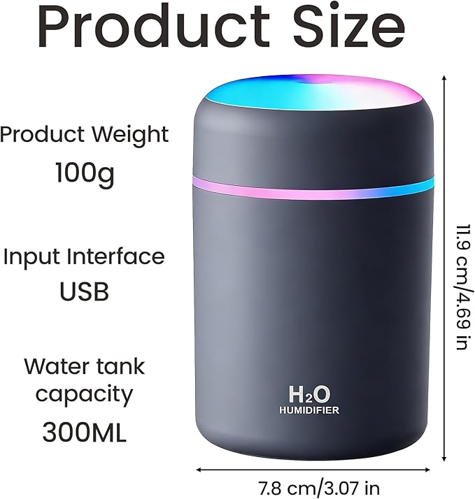Portable Colorful Cool Mini Humidifier,Aroma Essential USB Personal Desktop Humidifier,. Perfect for Bedroom, Office & Car(300ml, White) (grey)