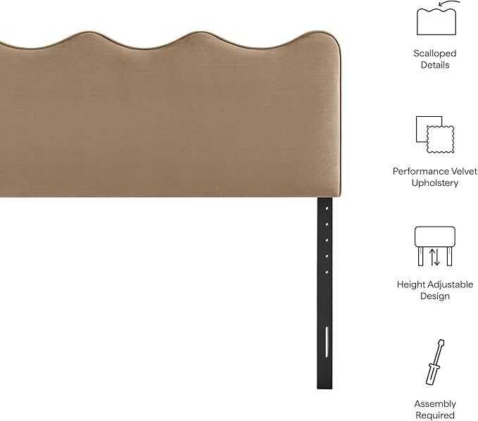 Monday Athena King Size Performance Velvet Adjustable Headboard in Taupe - with Scalloped Wave Design and Stain-Resistant Velvet Upholstery