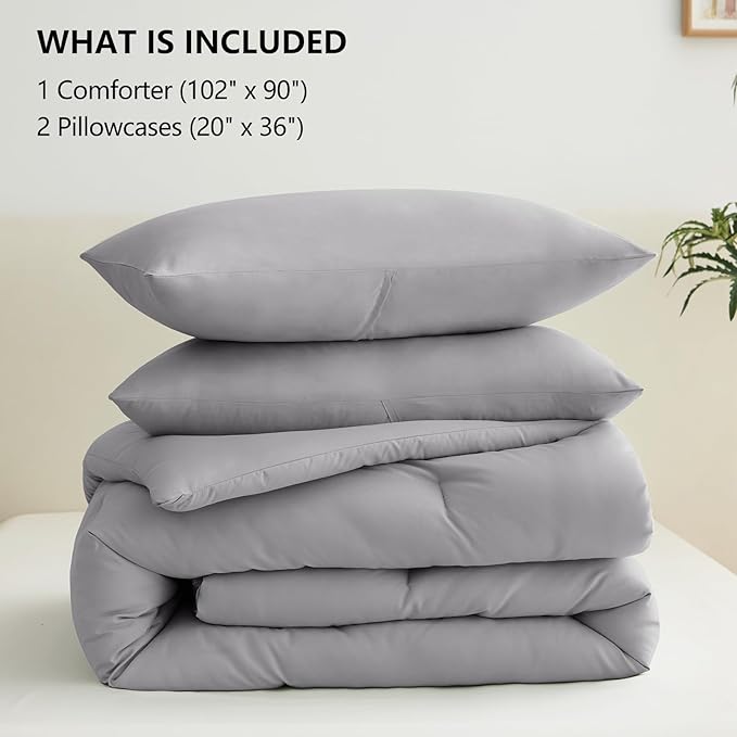 CozyLux King Size Comforter Set Grey, 3 Pieces Solid Comforters King Size Breathable Quilted Bedding Sets, Gray Luxury Soft Lightweight Bed Set with Down Alternative Comforter and 2 Pillowcases