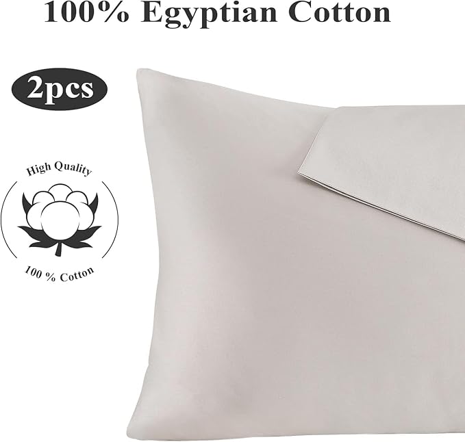 100% Egyptian Cotton Pillow Protectors Set of 2, 400 Thread Count Sateen Weave Cooling Pillowcase, Easy Care Zippered Style Pillow Covers (Light Beige, Queen)
