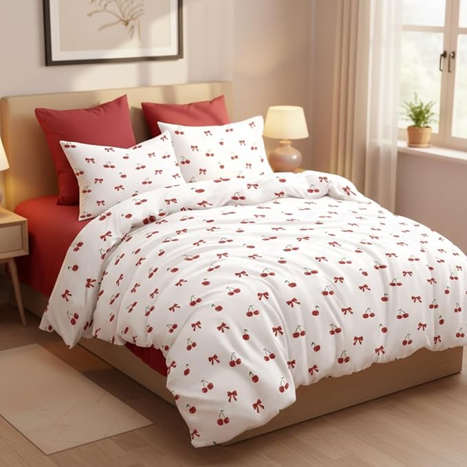 Nayoroom Red Cherry Duvet Cover Queen Size Cute Bow Duvet Cover 3 Pieces Soft Lightweight Microfiber Girls Aesthetic Dorm Bedding Set with Zipper Closure