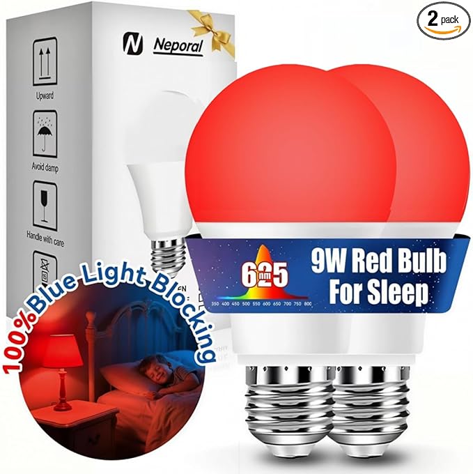 Neporal 625nm Red Light Bulbs for Sleep, 100% Blue Light Blocking Bulb for Melatonin Promote, A19 LED 9W 60W Red Night Bulb for Baby Nursery, Sleep, Read, Bedroom 2PK (White When Off, Red When on)