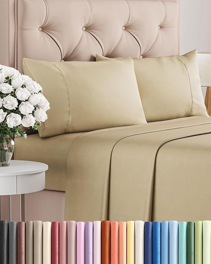 Twin 4 Piece Sheet Set - Comfy, Breathable & Cooling - Soft Hotel Luxury Bedding for Women, Men, Kids, Teens & Children - 1 Flat & 1 Fitted Sheet & 2 Pillowcases w/ Deep Pockets - Wrinkle Free - Beige