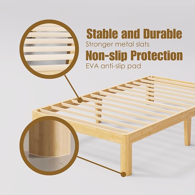 14 Inch High Bamboo Wood Twin XL Bed Frame Platform, Metal Slat Support XL Twin Bed Frame, No Box Spring Needed, Easy Assembly, Noise Free, Reinforced