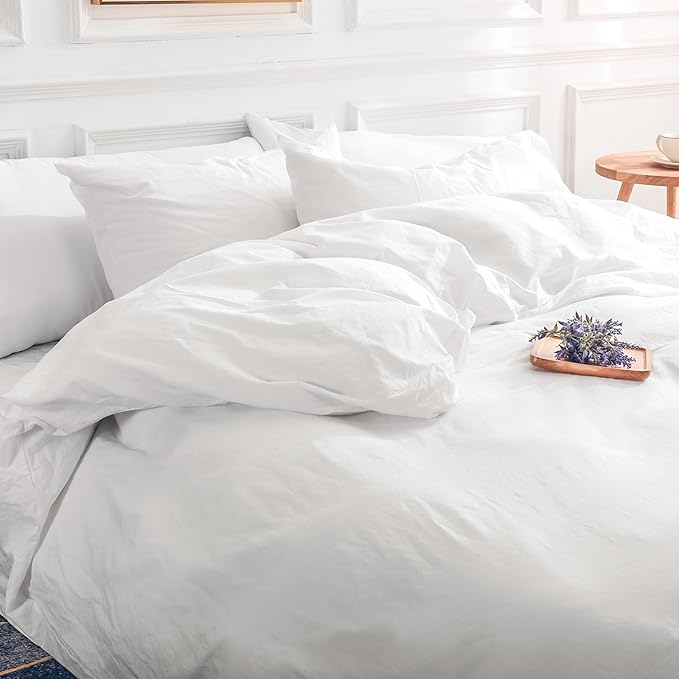 NEXHOME PRO Cotton Duvet Cover Set King Size Linen Feel White Organic Natural 100% Washed Cotton Duvet Cover Set 3 Pieces Bedding Set with Zipper Closure, Lightweight and Breathable (No Comforter)