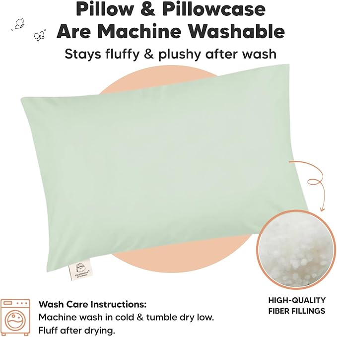 Toddler Pillow with Pillowcase - 13x18 My Little Dreamy Kids Travel Bed Pillows for Sleeping, Organic Cotton Small Pillowcase, Soft & Breathable, Machine Washable, Toddlers 2-5 years old (Sage)
