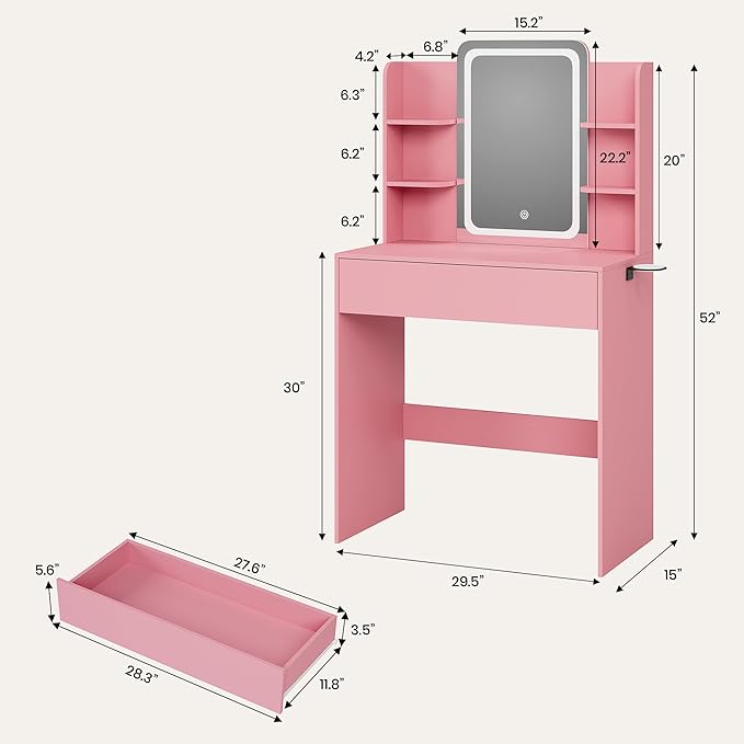 Vanity Desk with Mirror and Lights, Small Makeup Vanity Desk with Storage Drawer,3 Lighting Moders & Adjustable Brightness,Compact Dressing Table with 3-Tier Open Shelf for Girls Women Bedroom(Pink)