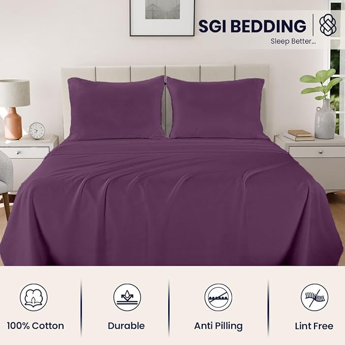 SGI bedding 100% Egyptian Cotton Sheets Twin Size – 600 Thread Count Sheets Set, Soft, Cooling, 15" Deep Pocket, Luxury Hotel Bedding, Breathable, Durable - Plum