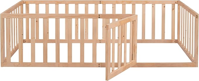 Bellemave Twin Size Montessori Floor Bed with 21.7" High Rails, Pine,Plywood Floor Bed with Small Door, Natural