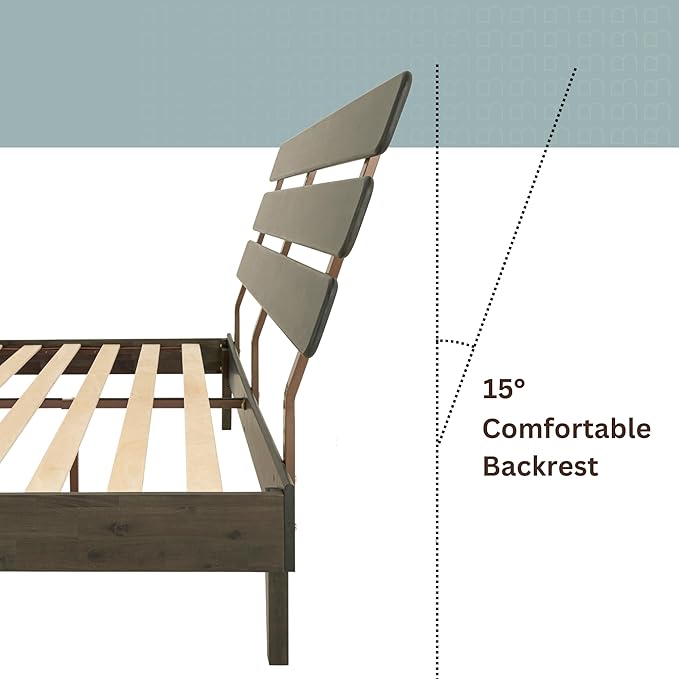Bme Caden King Size Bed Frame and Adjustable Headboard, 15 Inch Mid Century Retro Style - Solid Acacia Wood - No Box Spring Needed - 12 Strong Wood Slat Support - Easy Assembly - Charcoal Mocha