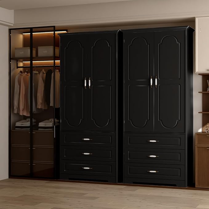 FJTJBSI Armoire Wardrobe Closet with 3 Drawers and LED Light 72" Wooden Bedroom Armoire with 2 Doors and Retro Ceramic Door Handles Modern Wardrobe Cabinet with Removable Hanging Rod Black