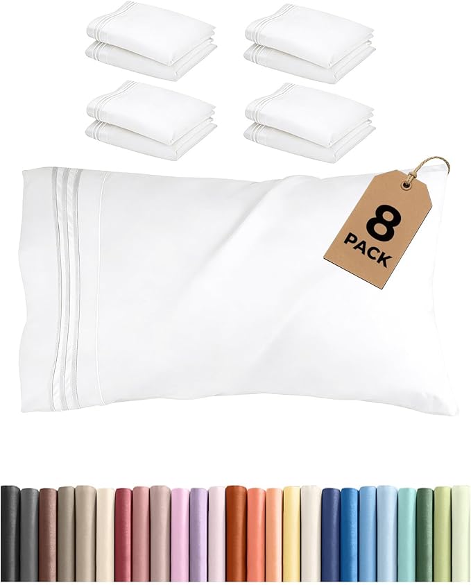 Queen Pillow Cases Set of 8 - Ultra Soft Hotel Quality Pillowcase Covers - Comfy & Wrinkle Free - Shrink, Stain & Fade Resistant - Easy-Care, Machine Washable Pillow Protectors - 8 Piece Set - White