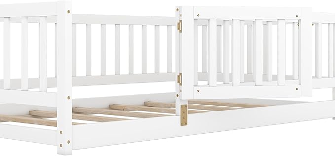 Bellemave Twin Size Montessori Floor Bed with 21.5" High Rails and Slats, Pine,Plywood Floor Bed with Small Door, White
