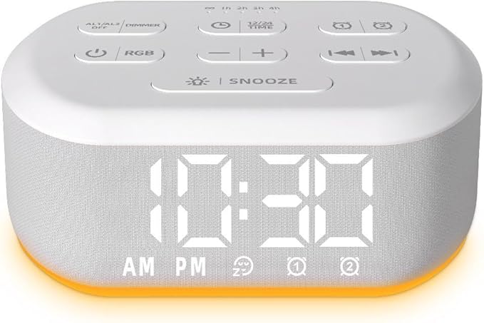 Small Digital Alarm Clock for Bedroom White Noise Sound Machine with 30 Soothing Sound Plug in Desk Bedside Clock with NightLight Battery Backup 15 Wake up Sound Clock for Teen Kid Heavy Sleeper