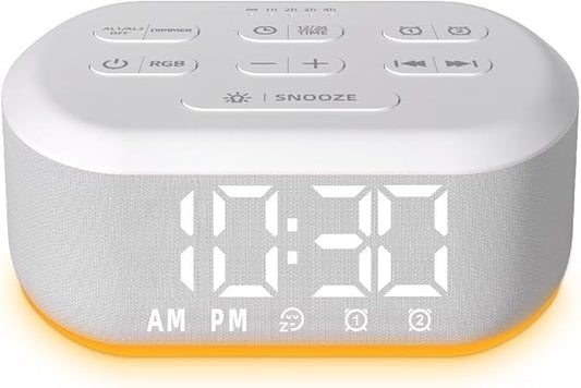 Small Digital Alarm Clock for Bedroom White Noise Sound Machine with 30 Soothing Sound Plug in Desk Bedside Clock with NightLight Battery Backup 15 Wake up Sound Clock for Teen Kid Heavy Sleeper