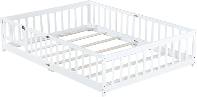 Bellemave Full Size Floor Bed with Slats and Safety Guardrail, Full Size Montessori Floor Bed with Fence and Door, Easy Assemble Montessori Beds for Kids, Girls, Boys, White