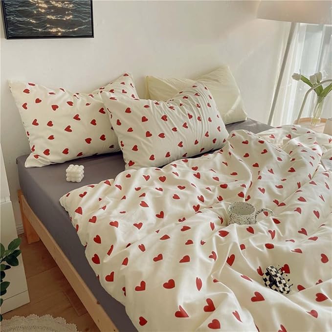Nayoroom Heart Duvet Cover Queen Size Cute Red Love Heart Printed on White Bedding Set 3Pcs Kids Girls Kawaii Heart-Shaped Pattern Comforter Cover with Zipper Closure Soft Breathable Microfiber
