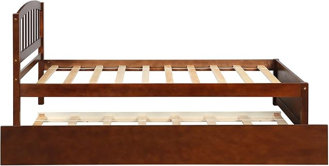 Ball & Cast Trundle Bed Twin,Twin Trundle Bed Frame Roll Out,Solid Wood Bed Frames with Headboard and Wooden Slats Support,for Bedroom,Guest Room,Apartment,Walnut
