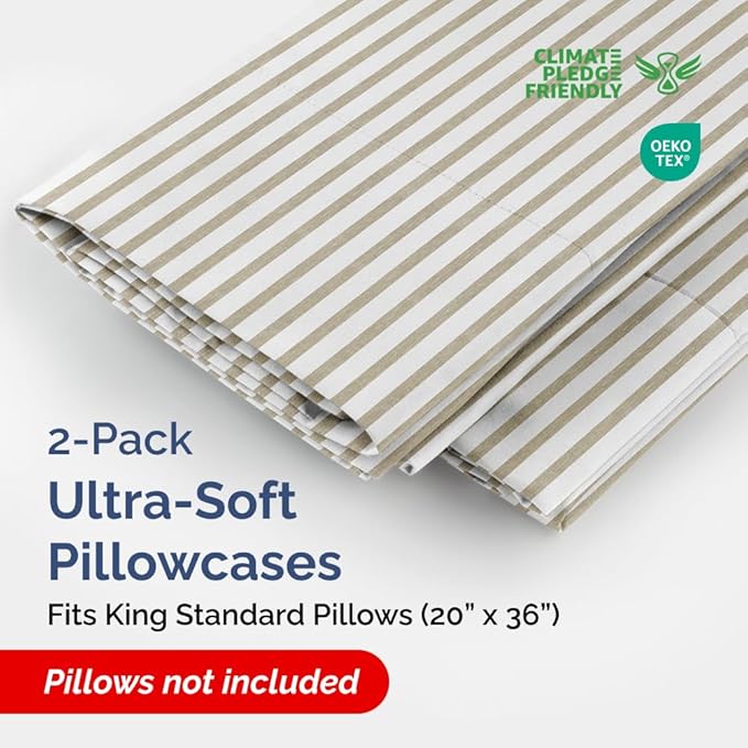 King Standard Pillow Cases Set of 2 - Ultra-Soft Hotel Quality Pillowcase Covers - Comfy, Cozy & Fade Free - Wrinkle Resistant - Machine Washable Pillow Protectors - 2 Piece Set - Beige Stripes 2