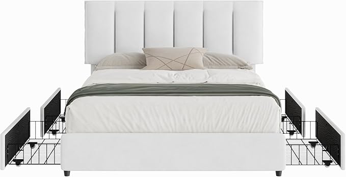 VECELO Queen Size Bed Frame with 4 Storage Drawers, Adjustable Height Headboard, Heavy-Duty Platform Bedframe with Strong Wooden Slats, No Box Spring Needed, Pure White