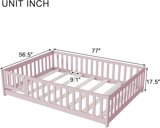 Bellemave Full Size Montessori Floor Bed Frame with Rails & Door, Solid Wood Kids Floor Bed Full with Removable Slats, Low Profile Montessori Bed for Children’s Sleep & Play, Pink
