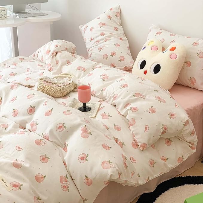 Nayoroom Pink Peach Duvet Cover Twin Size Kawaii Fruit Peaches Rabbit Printed on White Comforter Cover 2Pcs Kids Girls Soft Breathable Microfiber Cute Cartoon Bedding Set with Zipper Closure