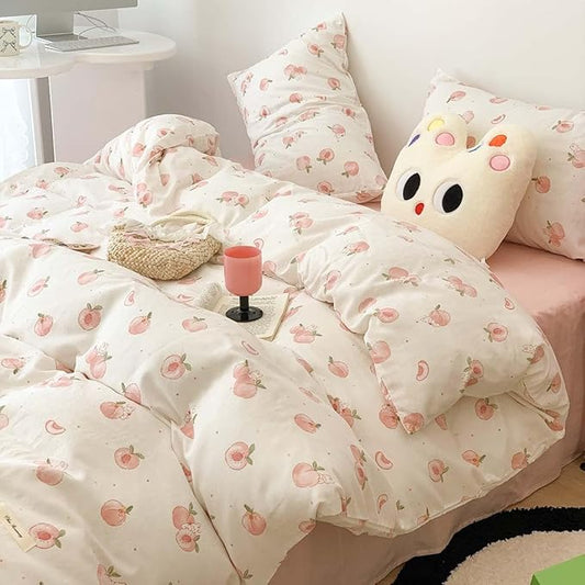 Nayoroom Pink Peach Duvet Cover Full Size Kawaii Fruit Peaches Rabbit Printed on White Comforter Cover 3Pcs Kids Girls Soft Breathable Microfiber Cute Cartoon Bedding Set with Zipper Closure