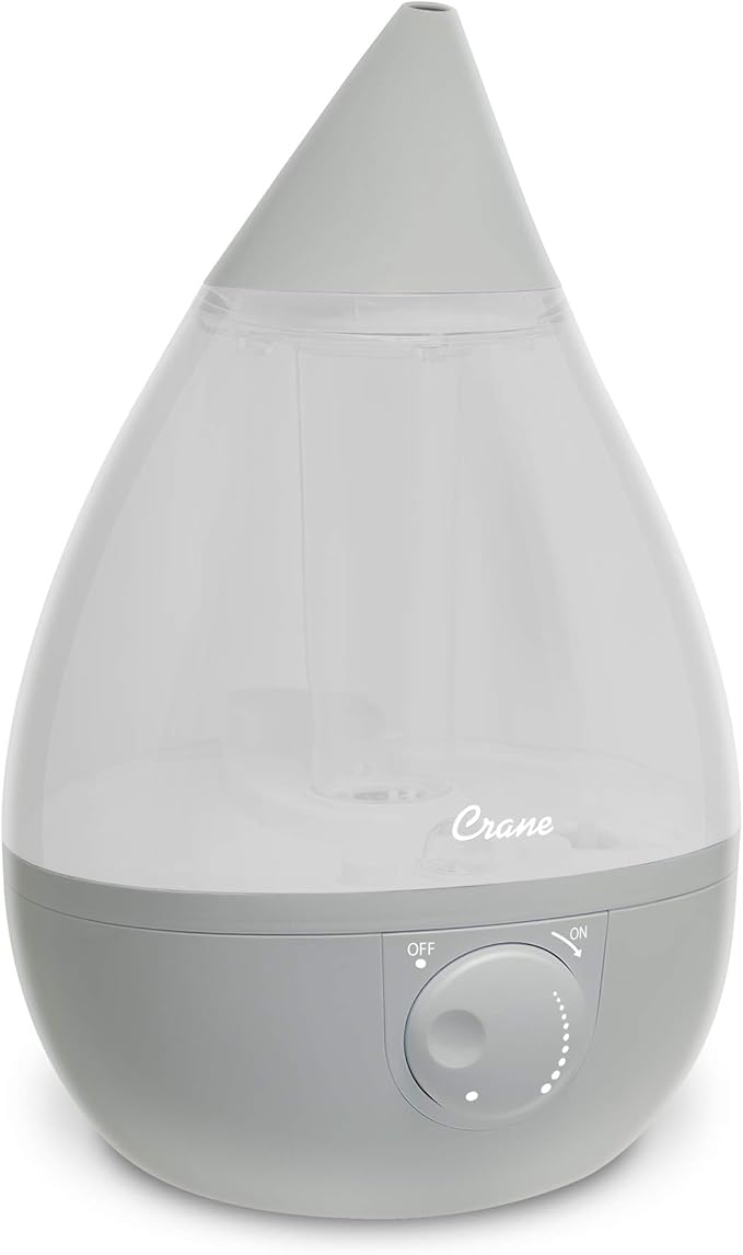 Crane Ultrasonic Cool Mist Humidifier for Bedroom, Baby Nursery, Kids Room, Plants, or Office, Large 1 Gallon Tank, Filter Optional, Grey