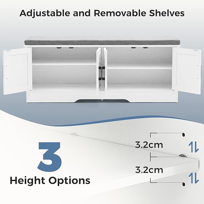 DUMOS Storage Bench, Shoe Organizer Cabinet with Thickened Padded Seat Cushion, Entryway Bench with 4 Doors & Adjustable Shelf for Hallway, Bedroom, Living Room, 47 inch, White