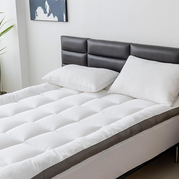 Ultimate Comfort & Cooling,Front:100% Cotton,Skirt:100% Polyester,ThickQueen Mattress Topper-Luxurious Softness,for Back Pain,Revolutionary Cooling Technology,No Slip Design,Deep Sleep Mattress Pad