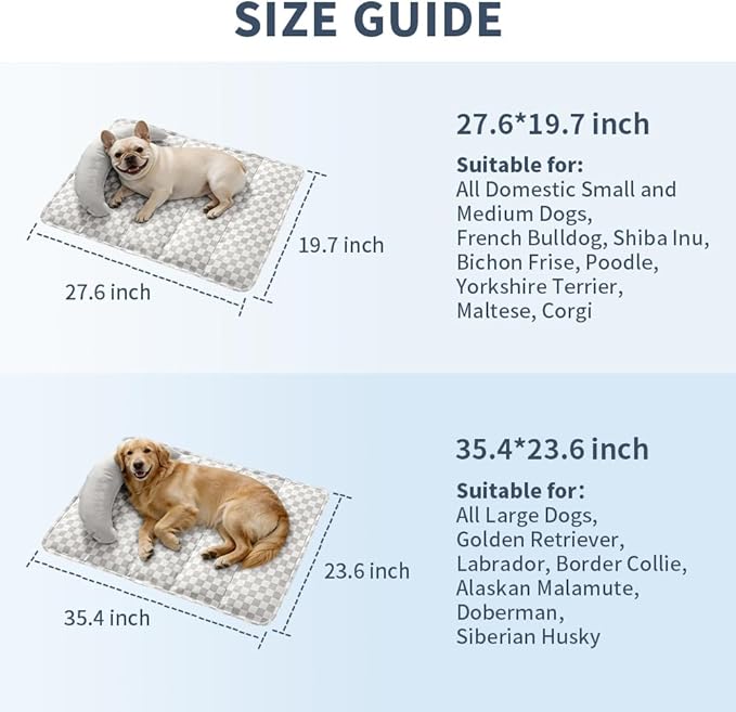 SOMAHE Pet Cooling Mats Pad for Dogs, Portable Summer Self-Cooling Mat with Removable Crescent Pillow for Small Dogs & Cats (Q-Max>0.5), Non-Toxic, All-Day Cooling, 27 x 20 Inches Grey