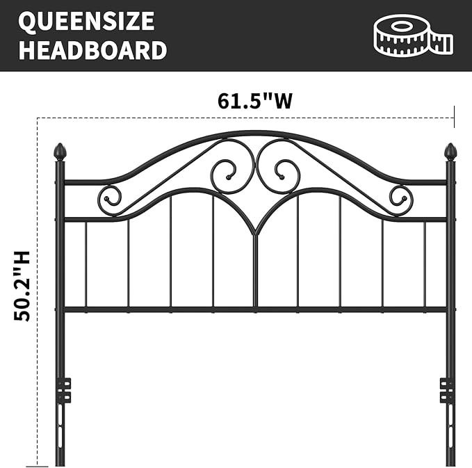 Elephance Headboard for Queen Size Bed Frame, Vintage Platform Bed Metal Headboard Only, Height Adjustable, Sturdy and Stable, Queen Size, Easy Assembly, Black