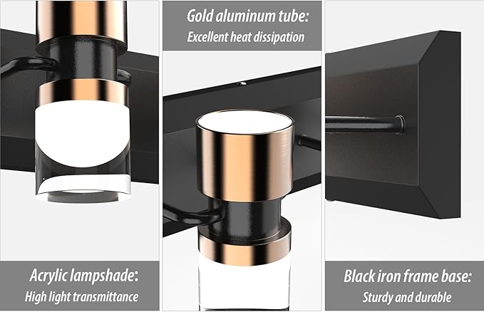 LED Bathroom Vanity Light Fixtures, 2 Light Black and Gold Wall Sconces Lighting, Modern Bathroom Light Fixtures, Led Wall Lamp for Mirror Living Room Bedroom Dressing Table Bar